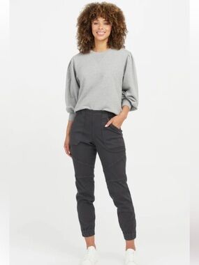 NWT Spanx stretch twill cargo jogger black gray high waist ankle length taper